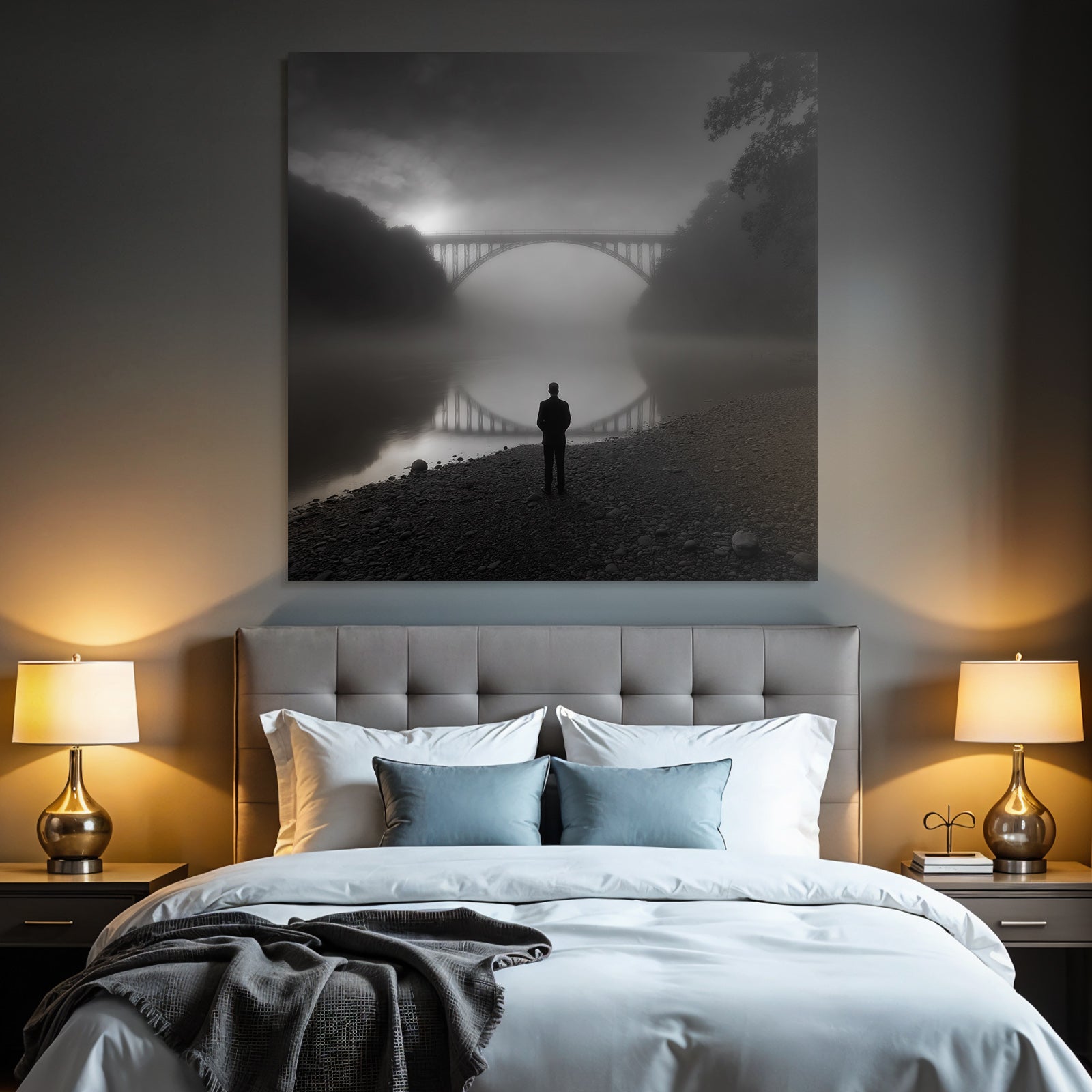 Neblige Landschaft Person Silhuette Wasser Bruecke