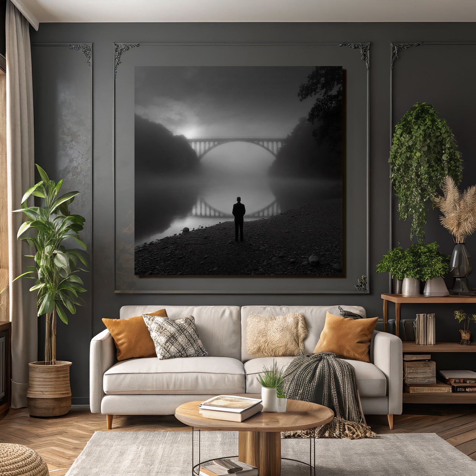 Neblige Landschaft Person Silhuette Wasser Bruecke