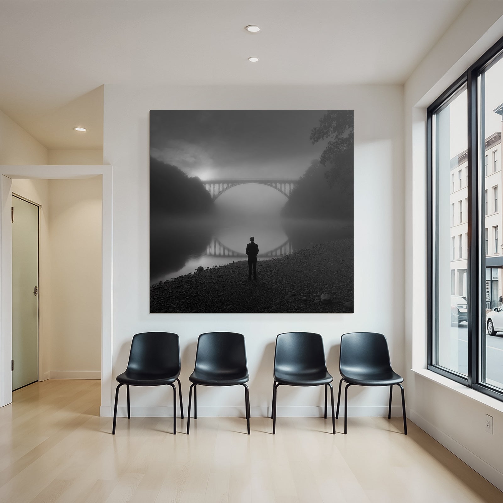 Neblige Landschaft Person Silhuette Wasser Bruecke