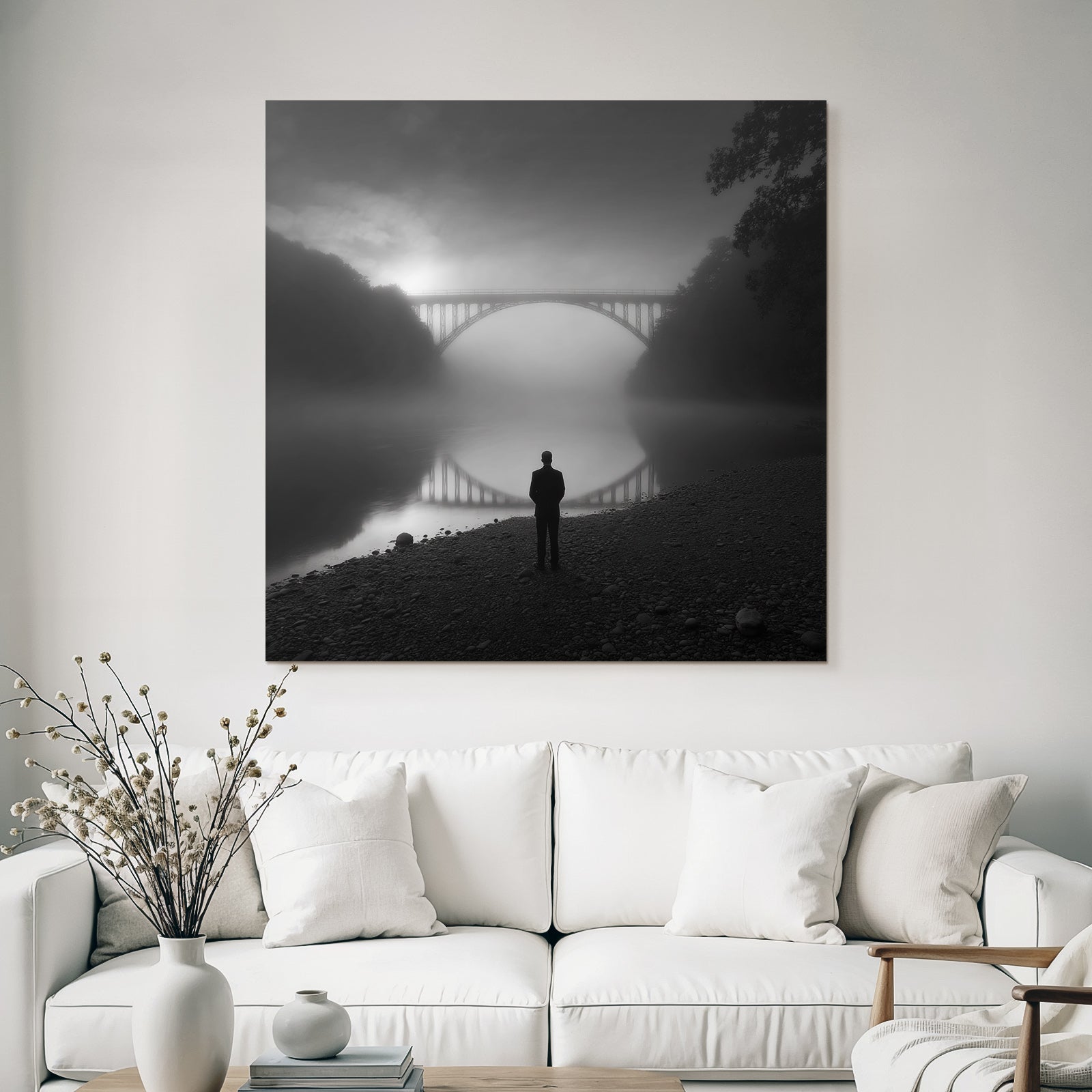 Neblige Landschaft Person Silhuette Wasser Bruecke
