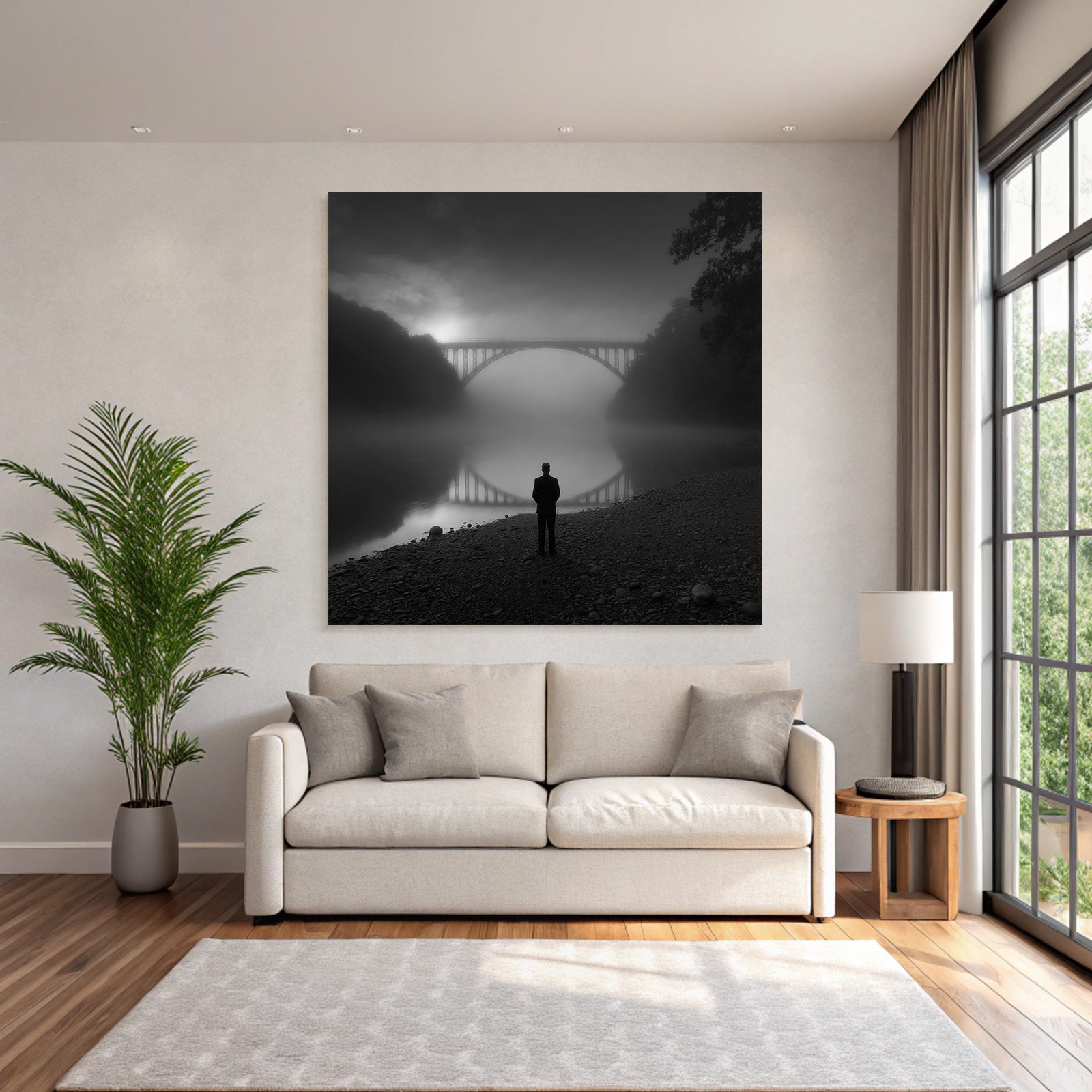 Neblige Landschaft Person Silhuette Wasser Bruecke