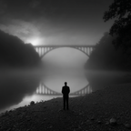 Neblige Landschaft Person Silhuette Wasser Bruecke | Fotografie | Kunstgattungen