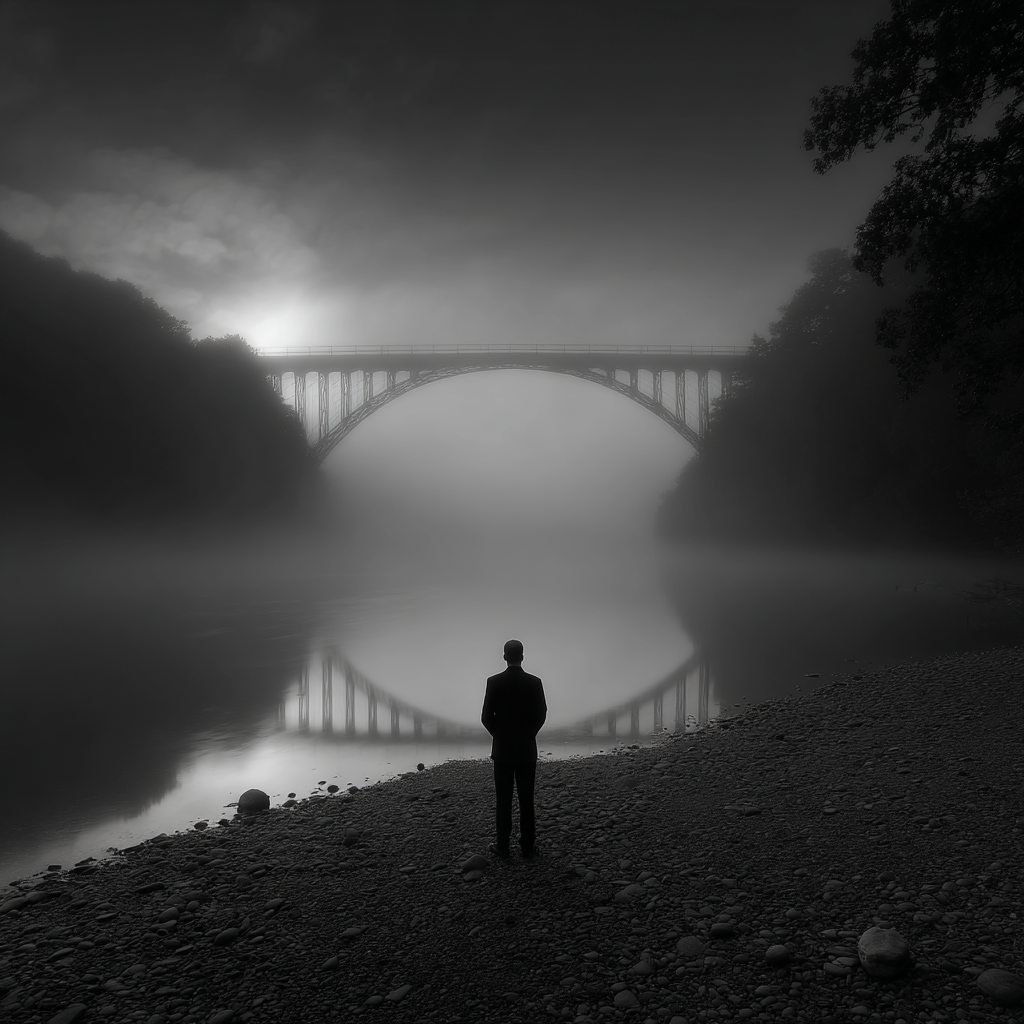 Neblige Landschaft Person Silhuette Wasser Bruecke | Fotografie | Kunstgattungen