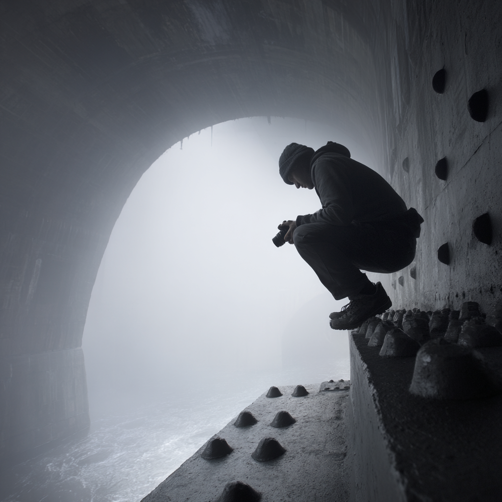 Person Squat Camera Nebel Tunnel Umgebung | Fotografie | Kunstgattungen