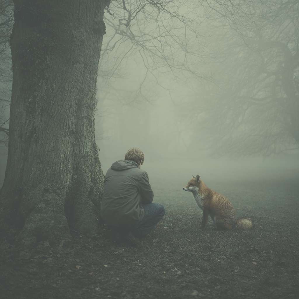 Person Und Fuchs Im Nebligen Wald | Fotografie | Kunstgattungen