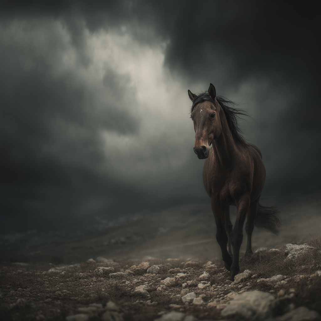 Pferd Bewegung Vor Sturm Himme Lauf Steinigemterrain | Fotografie | Kunstgattungen