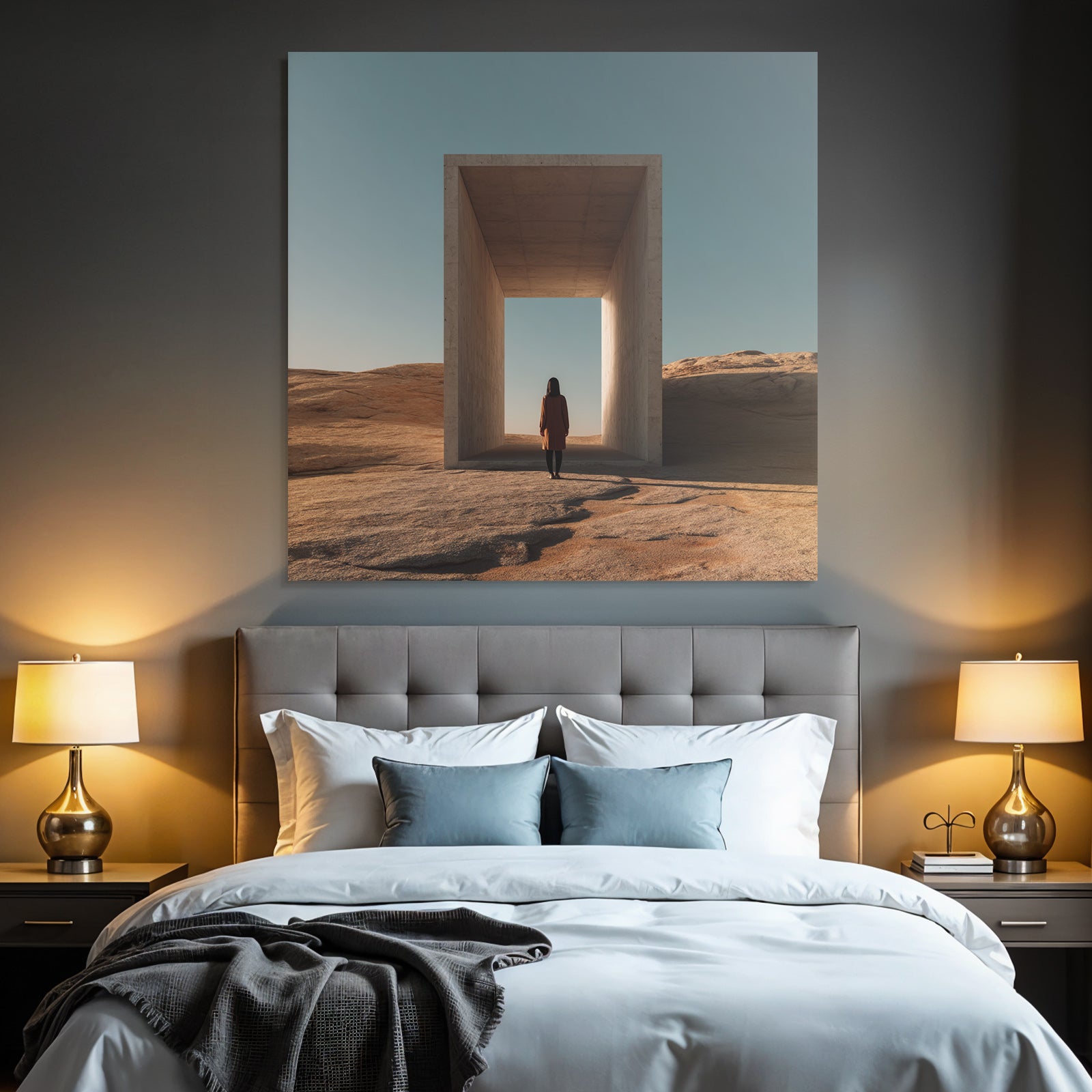 Portrait Einsame Figur Vor Modernem Architekturellen Straße In Einer Leeren Landschaft