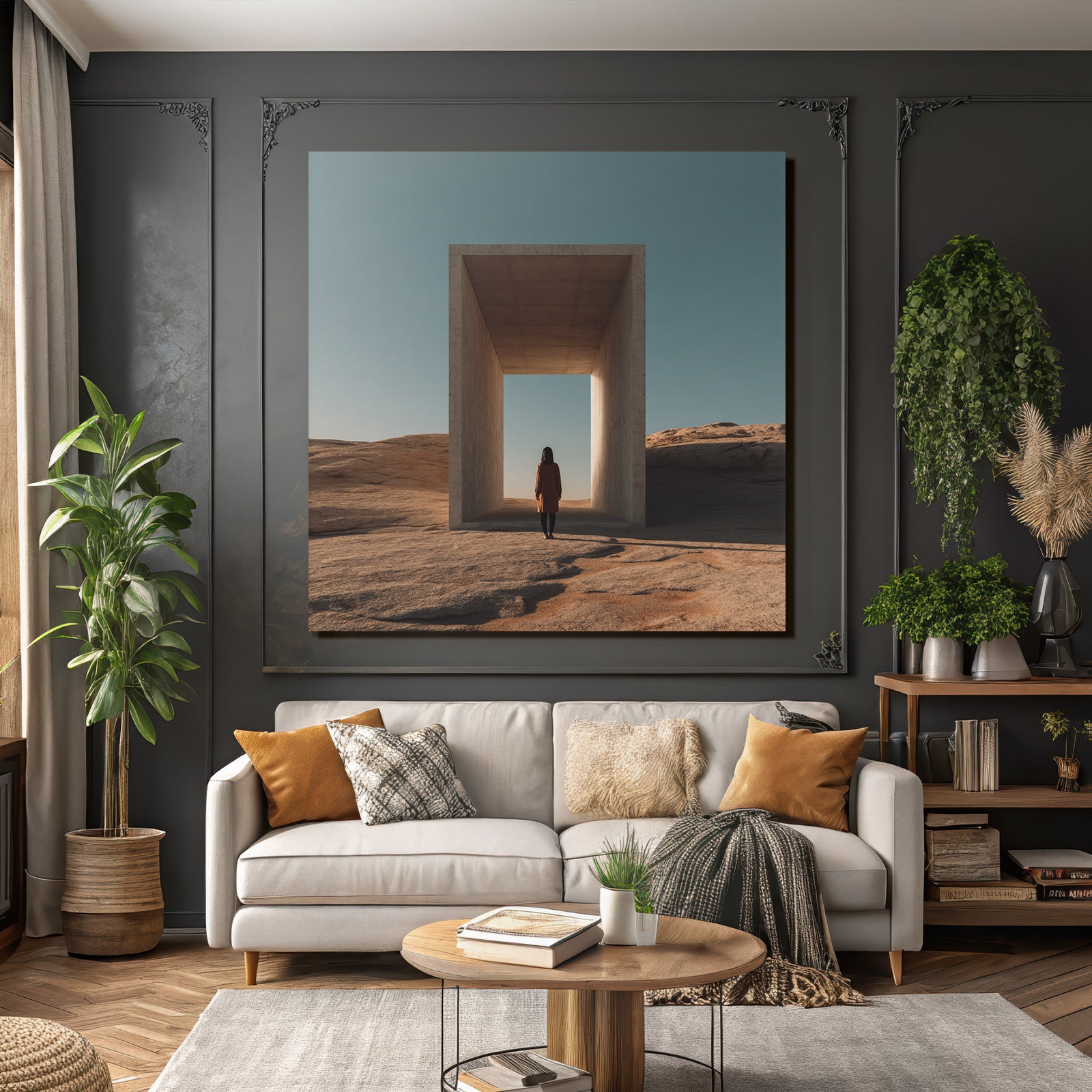 Portrait Einsame Figur Vor Modernem Architekturellen Straße In Einer Leeren Landschaft