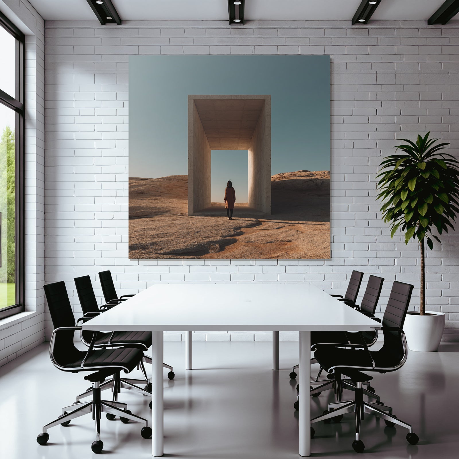Portrait Einsame Figur Vor Modernem Architekturellen Straße In Einer Leeren Landschaft