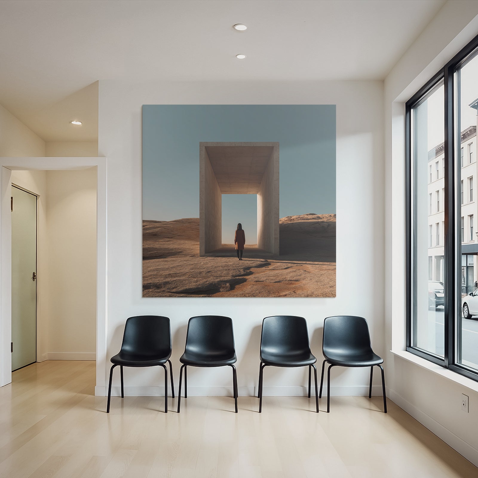 Portrait Einsame Figur Vor Modernem Architekturellen Straße In Einer Leeren Landschaft