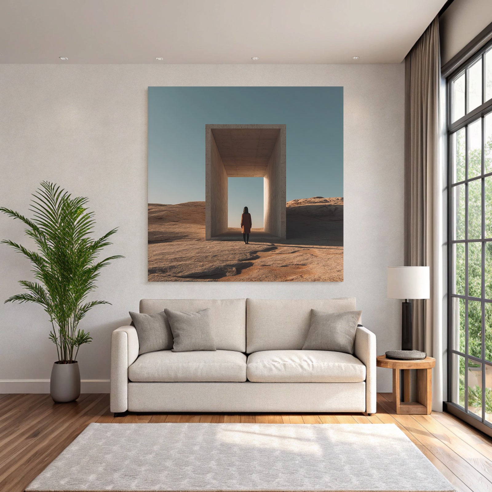 Portrait Einsame Figur Vor Modernem Architekturellen Straße In Einer Leeren Landschaft