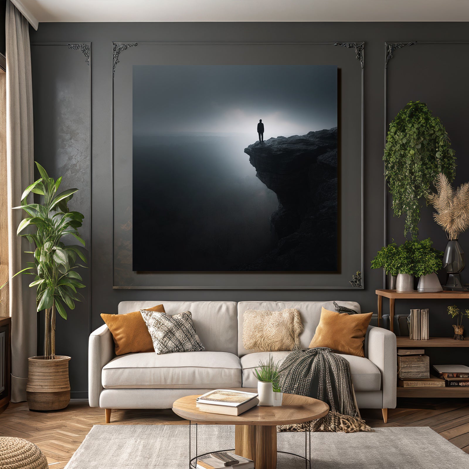 Quadratisch Dramatische Kontemplative Figuren Am Rand Des Kliffs Nebelige Landschaft