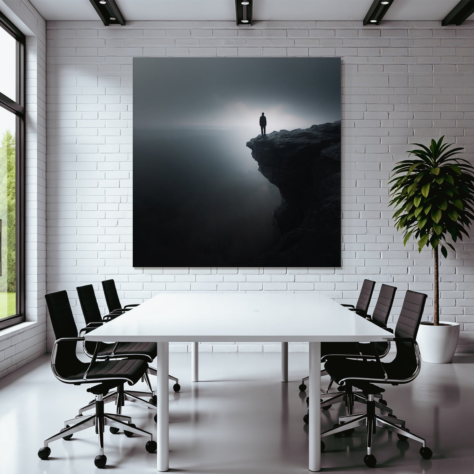 Quadratisch Dramatische Kontemplative Figuren Am Rand Des Kliffs Nebelige Landschaft