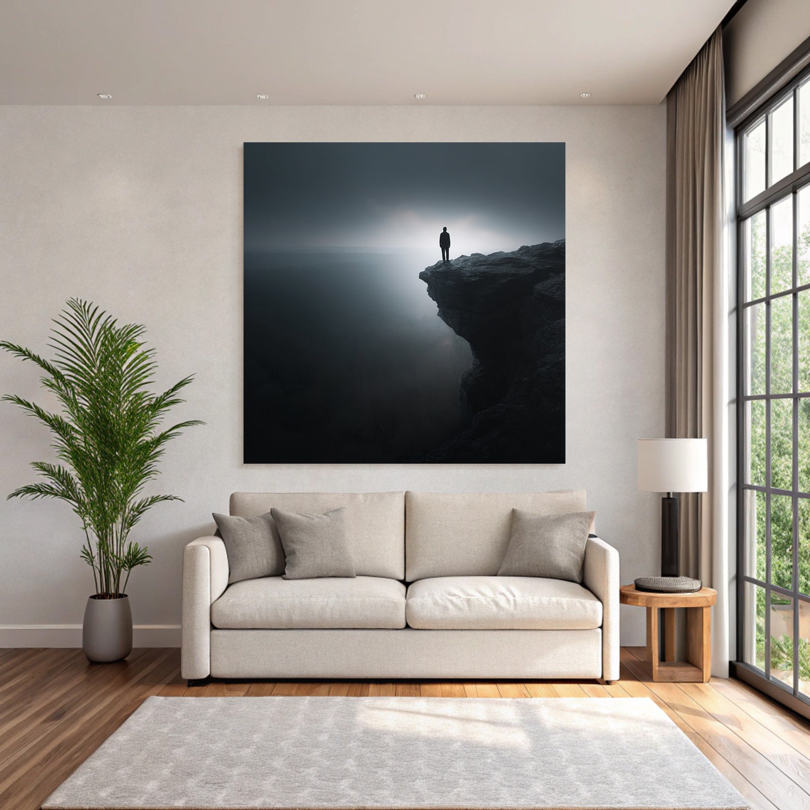 Quadratisch Dramatische Kontemplative Figuren Am Rand Des Kliffs Nebelige Landschaft