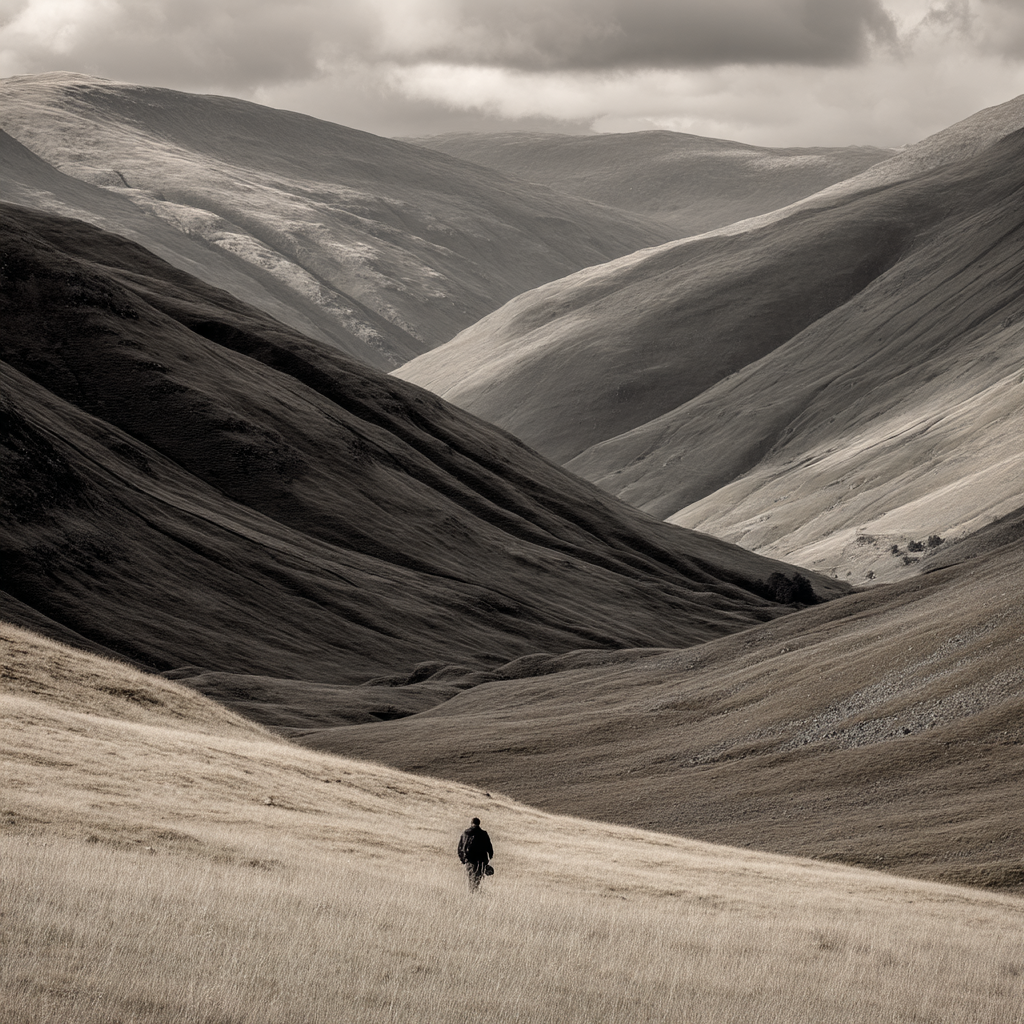 Ruhige Landschaft Mit Hügeln Und Person Im Gras | Fotografie | Kunstgattungen