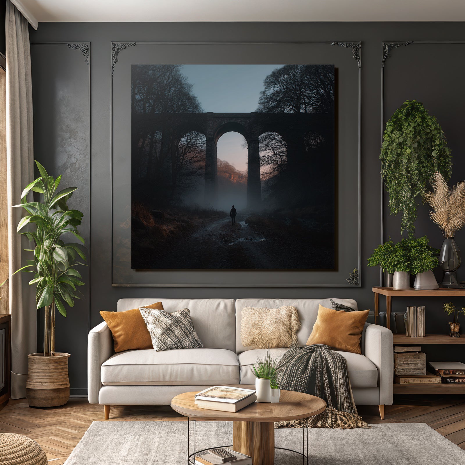 Ruhige Landschaft Mit Viadukt Nebel Und Einsamer Wanderer