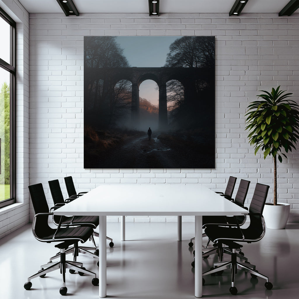Ruhige Landschaft Mit Viadukt Nebel Und Einsamer Wanderer