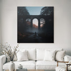 Ruhige Landschaft Mit Viadukt Nebel Und Einsamer Wanderer