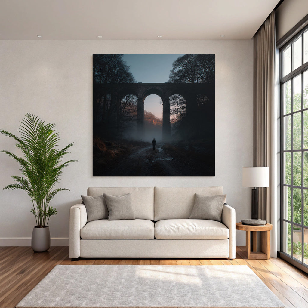 Ruhige Landschaft Mit Viadukt Nebel Und Einsamer Wanderer