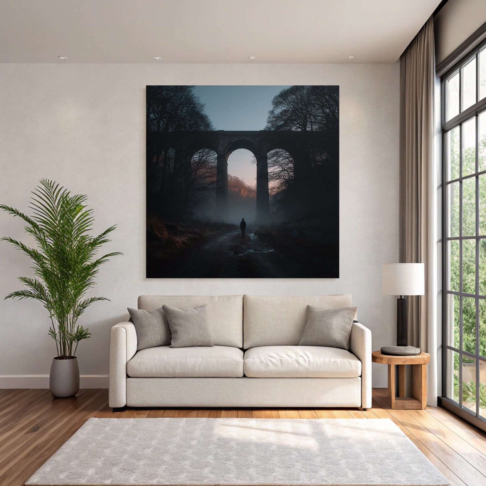 Ruhige Landschaft Mit Viadukt Nebel Und Einsamer Wanderer