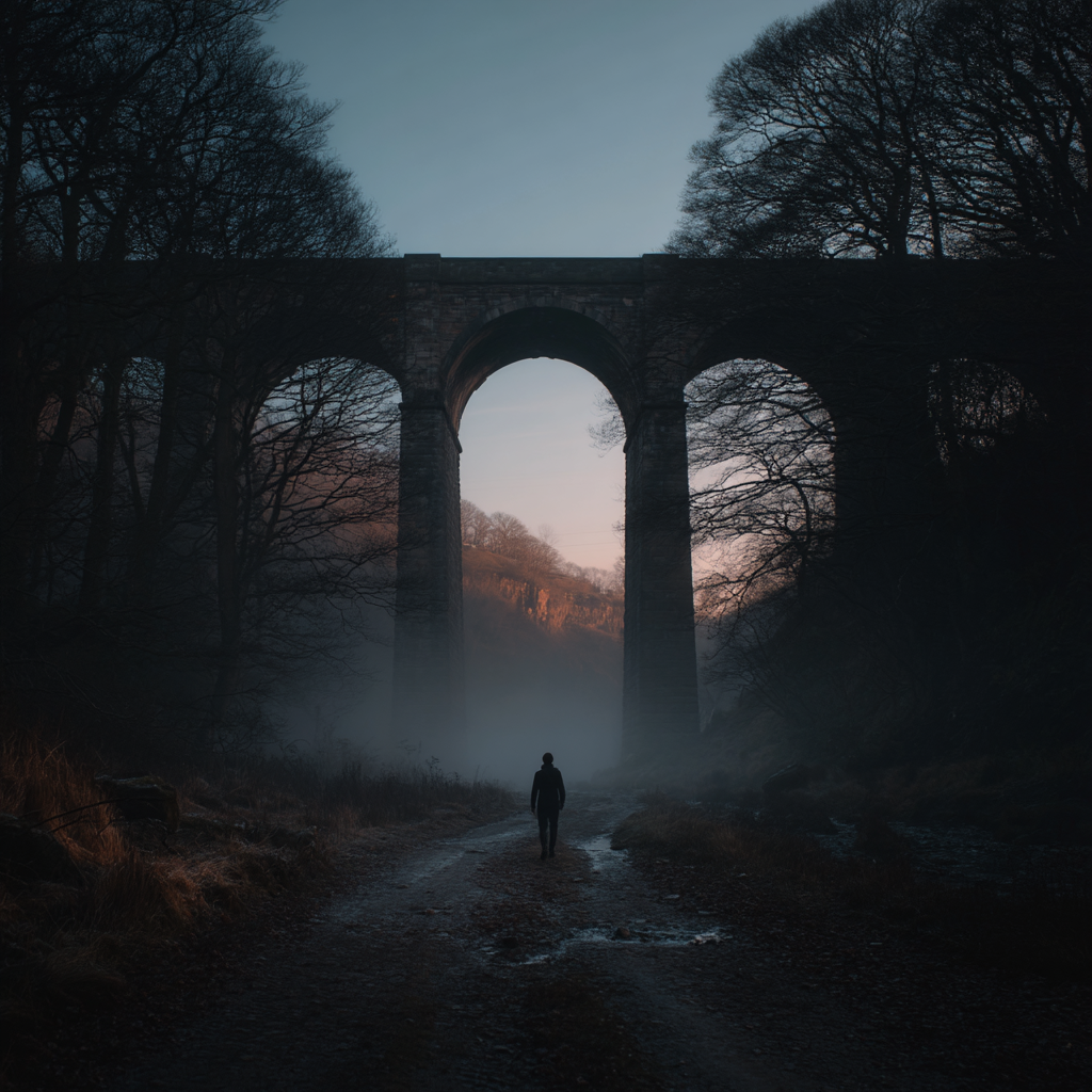 Ruhige Landschaft Mit Viadukt Nebel Und Einsamer Wanderer | Fotografie | Kunstgattungen