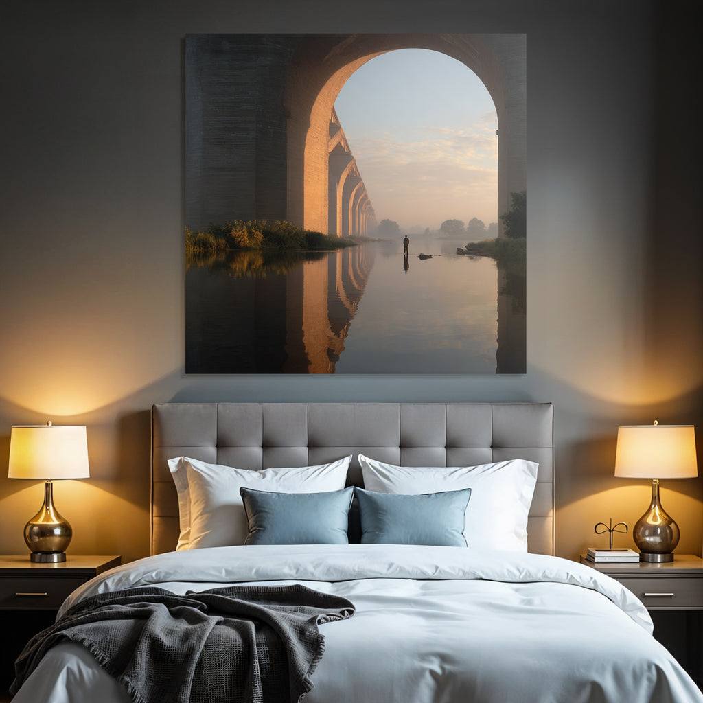 Ruhige Szene Unter Einer Brücke Mit Figur Im Waßer Sanftes Licht Reflexionen