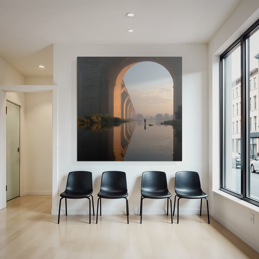 Ruhige Szene Unter Einer Brücke Mit Figur Im Waßer Sanftes Licht Reflexionen