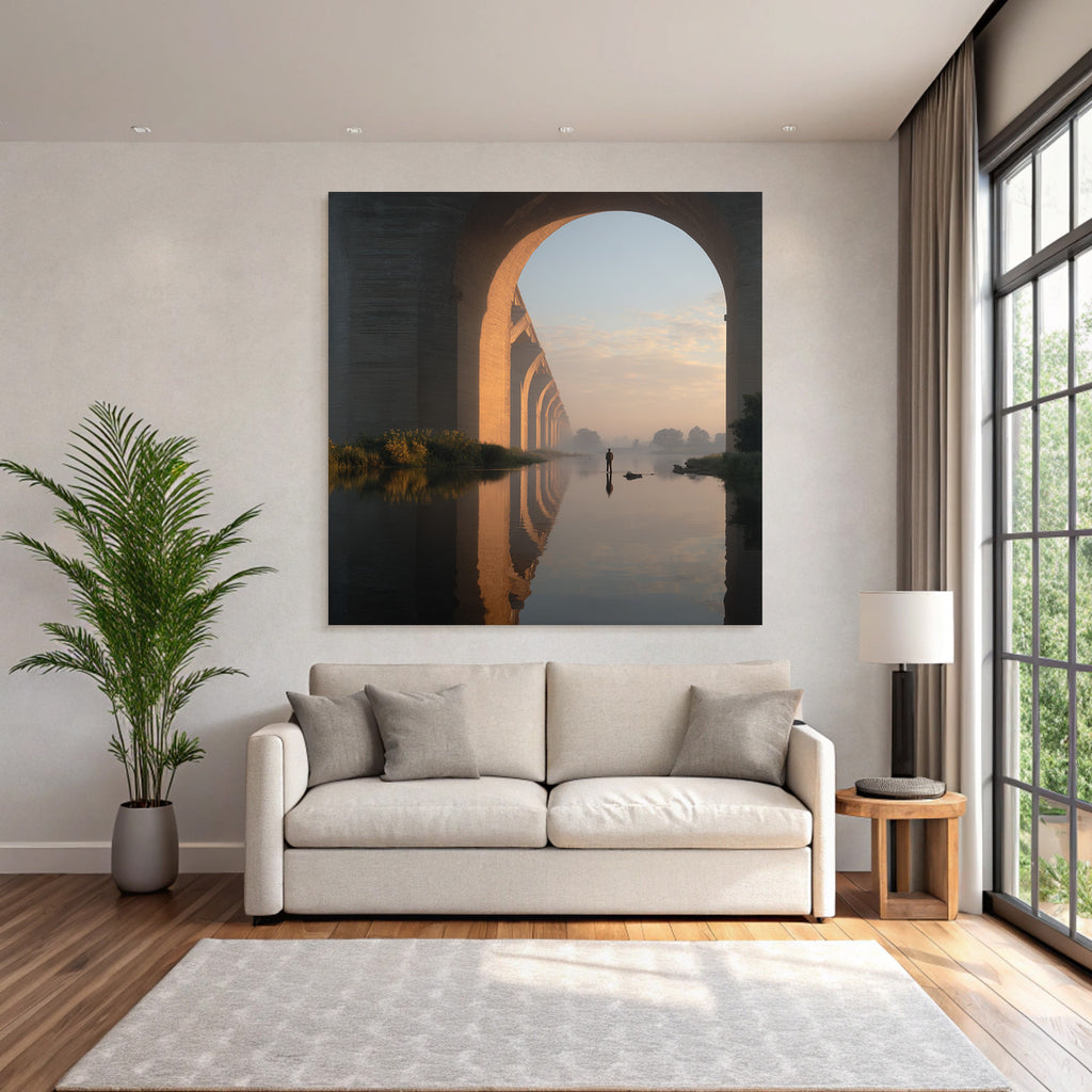 Ruhige Szene Unter Einer Brücke Mit Figur Im Waßer Sanftes Licht Reflexionen