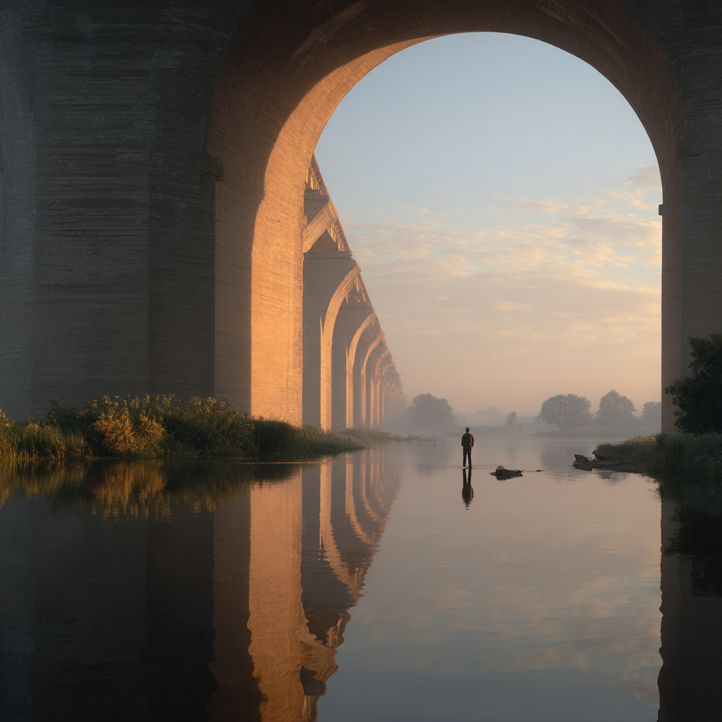 Ruhige Szene Unter Einer Brücke Mit Figur Im Waßer Sanftes Licht Reflexionen | Fotografie | Kunstgattungen