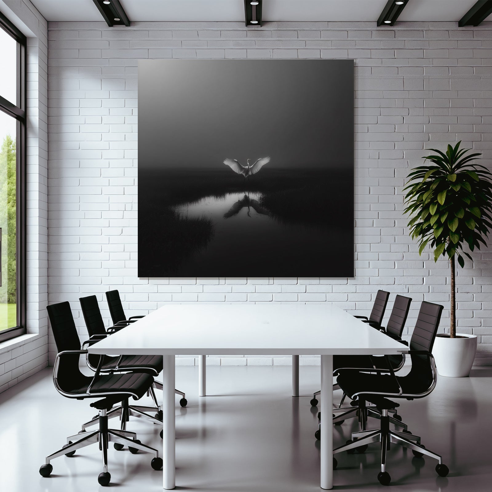 Schwarzweiß Photo Von Einer Egretta Im Naßen Biotop Mit Reflexionen