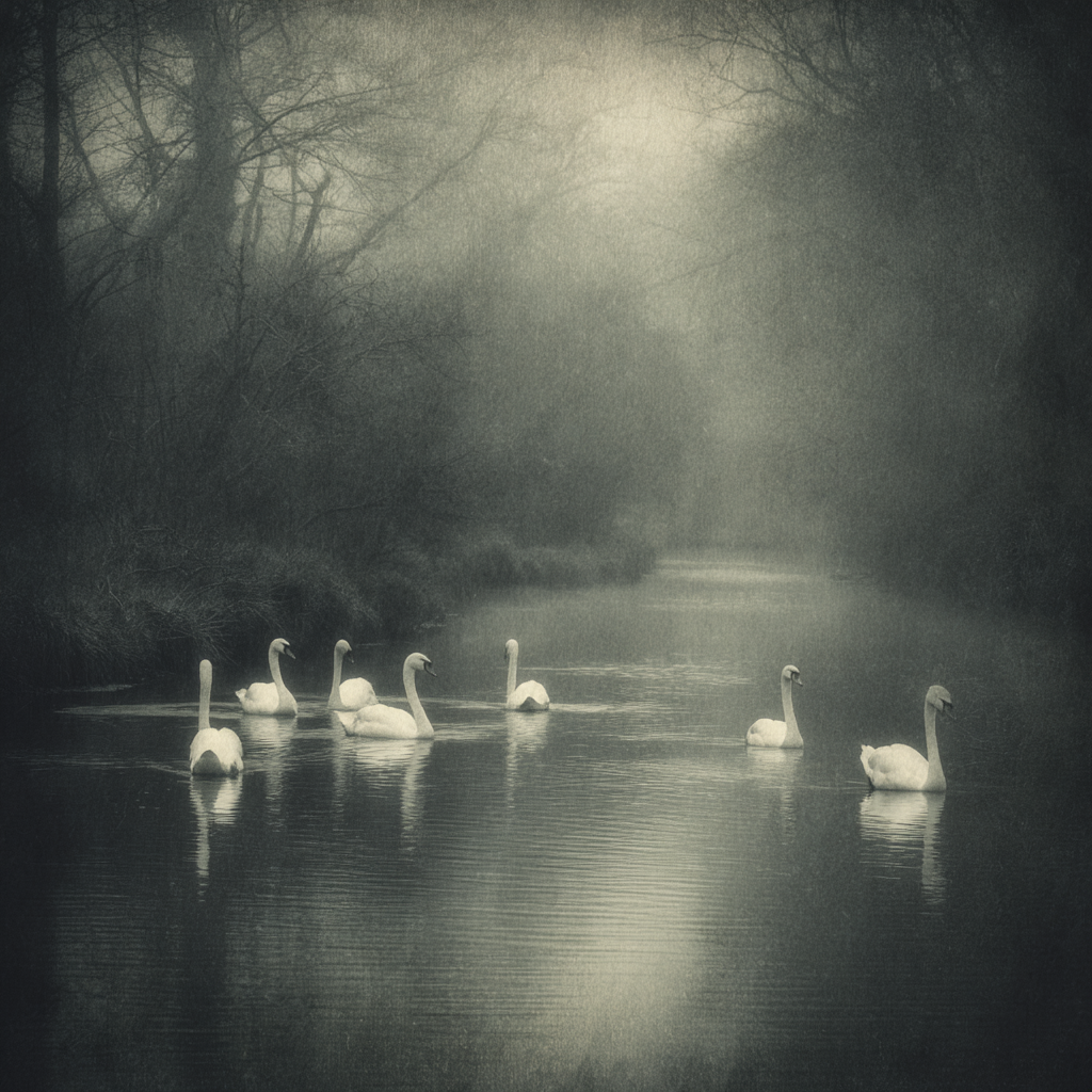 Stille Schwäne Nebel Waßerweg Bäume | Fotografie | Kunstgattungen