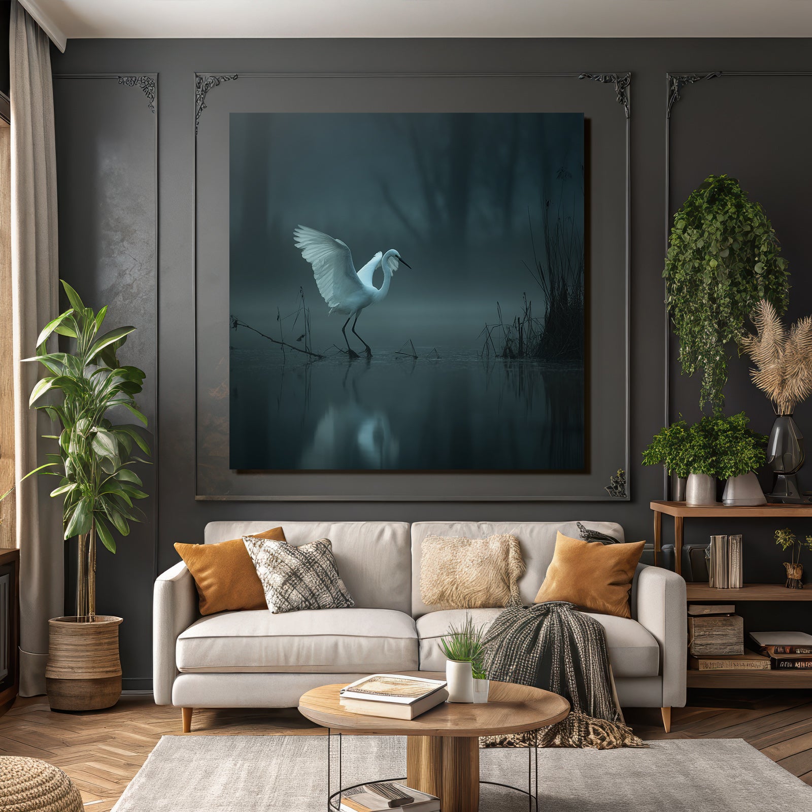 Weiße Vogel Auf Dem Waßer Im Nebel Mystische Szene