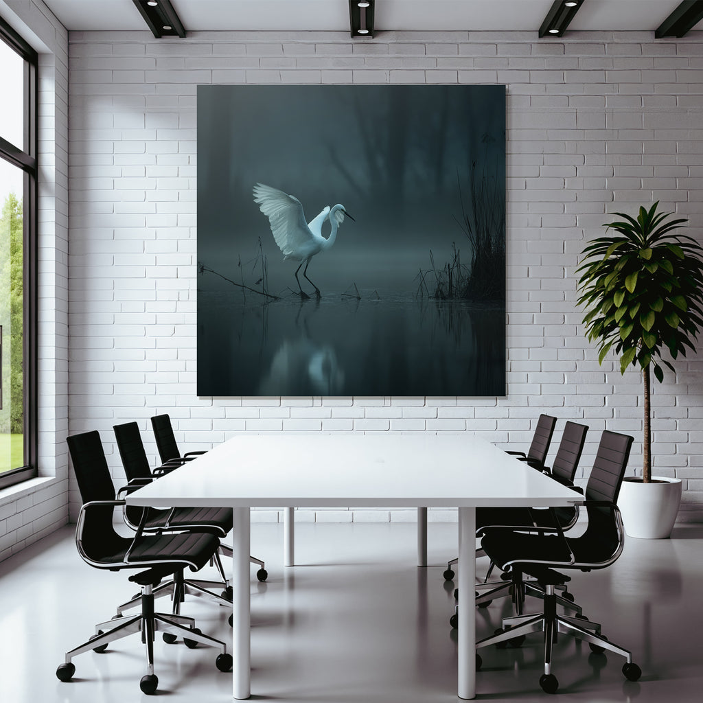 Weiße Vogel Auf Dem Waßer Im Nebel Mystische Szene