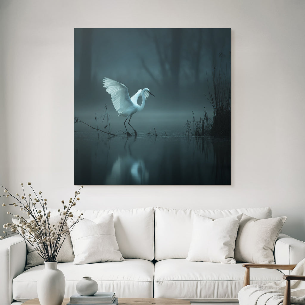 Weiße Vogel Auf Dem Waßer Im Nebel Mystische Szene