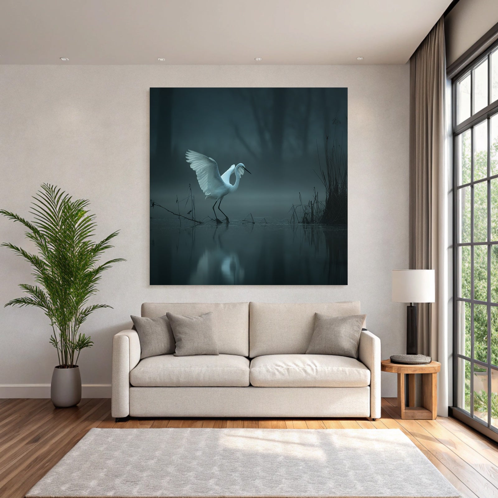Weiße Vogel Auf Dem Waßer Im Nebel Mystische Szene