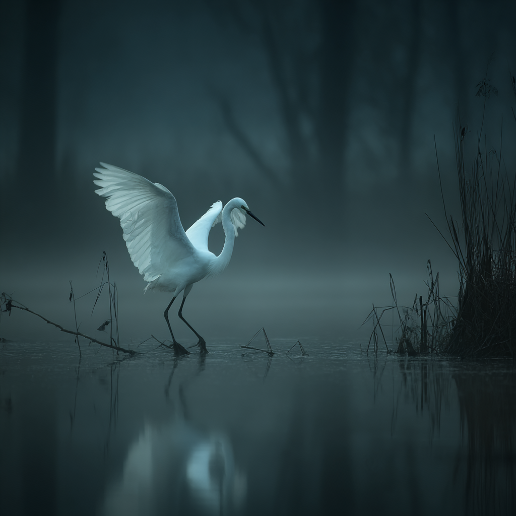 Weiße Vogel Auf Dem Waßer Im Nebel Mystische Szene | Fotografie | Kunstgattungen