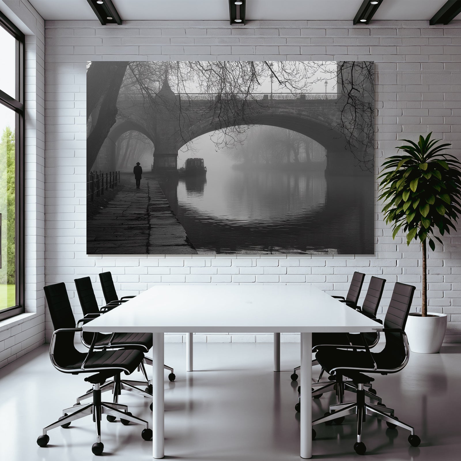 Portrait Nebelige Brücke Einzelner Figure Auf Weg Boot Im Waßer