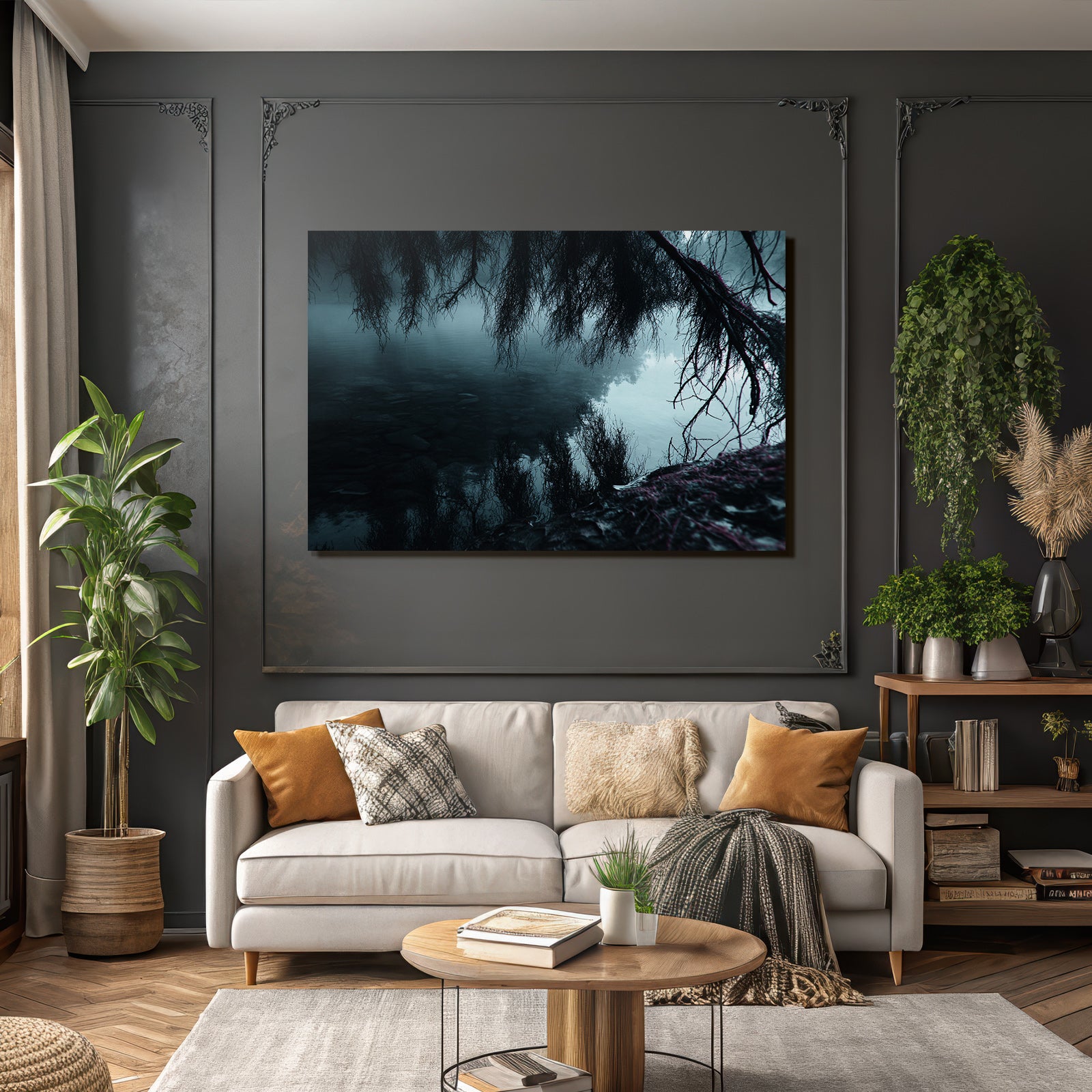 Dunkle Moody Landschaft Waßer Äste Spiegelung