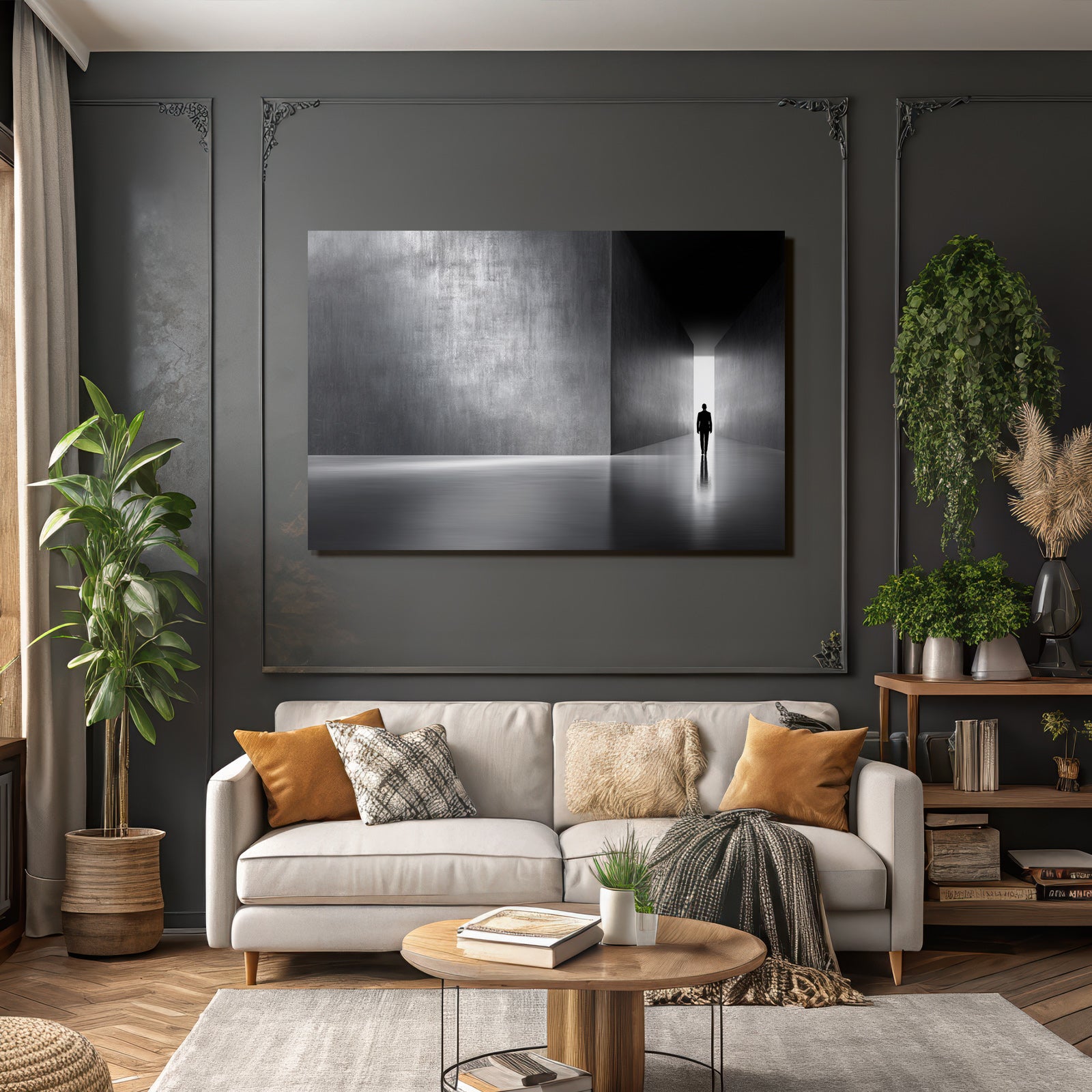 Einsamefigur Imminimalistischen Korridor Mit Lichtqülle Nachdenkliche Atmosphäre