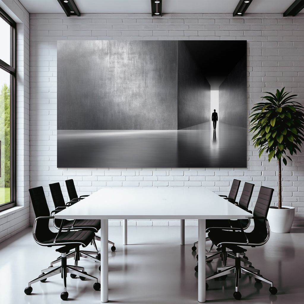 Einsamefigur Imminimalistischen Korridor Mit Lichtqülle Nachdenkliche Atmosphäre