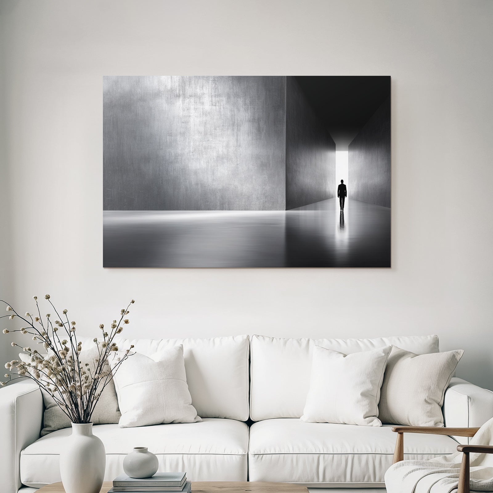 Einsamefigur Imminimalistischen Korridor Mit Lichtqülle Nachdenkliche Atmosphäre