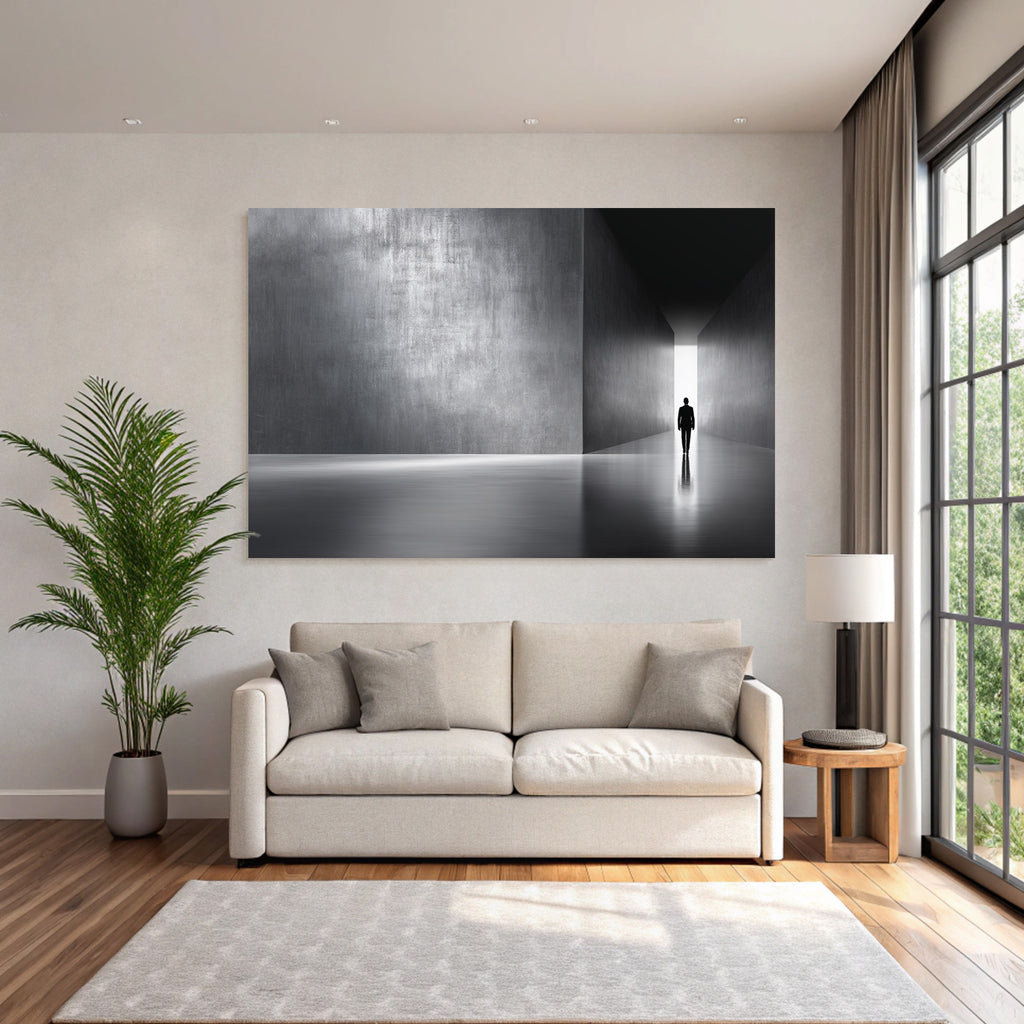 Einsamefigur Imminimalistischen Korridor Mit Lichtqülle Nachdenkliche Atmosphäre