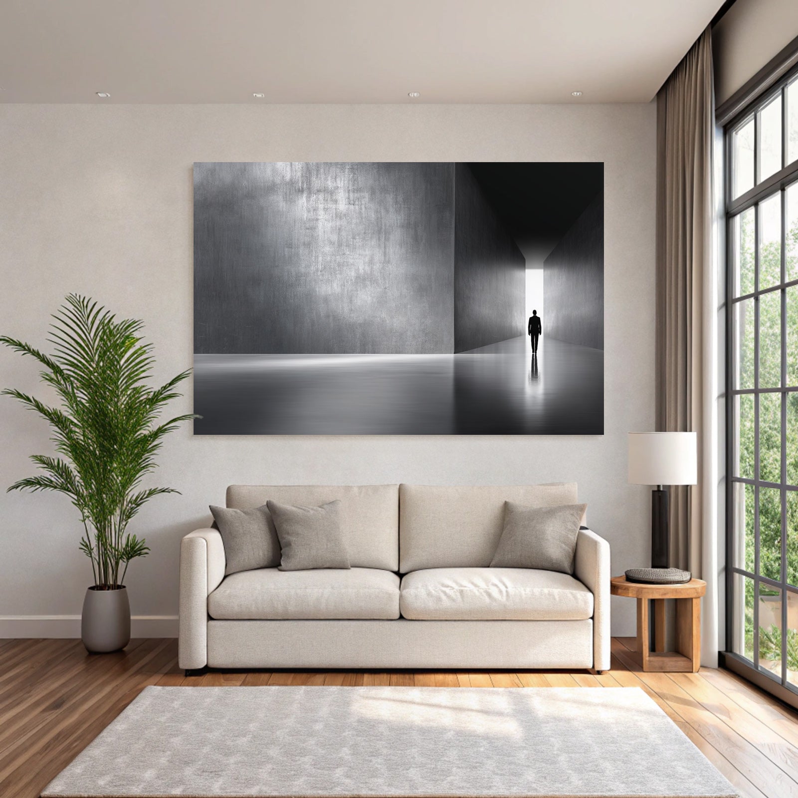 Einsamefigur Imminimalistischen Korridor Mit Lichtqülle Nachdenkliche Atmosphäre