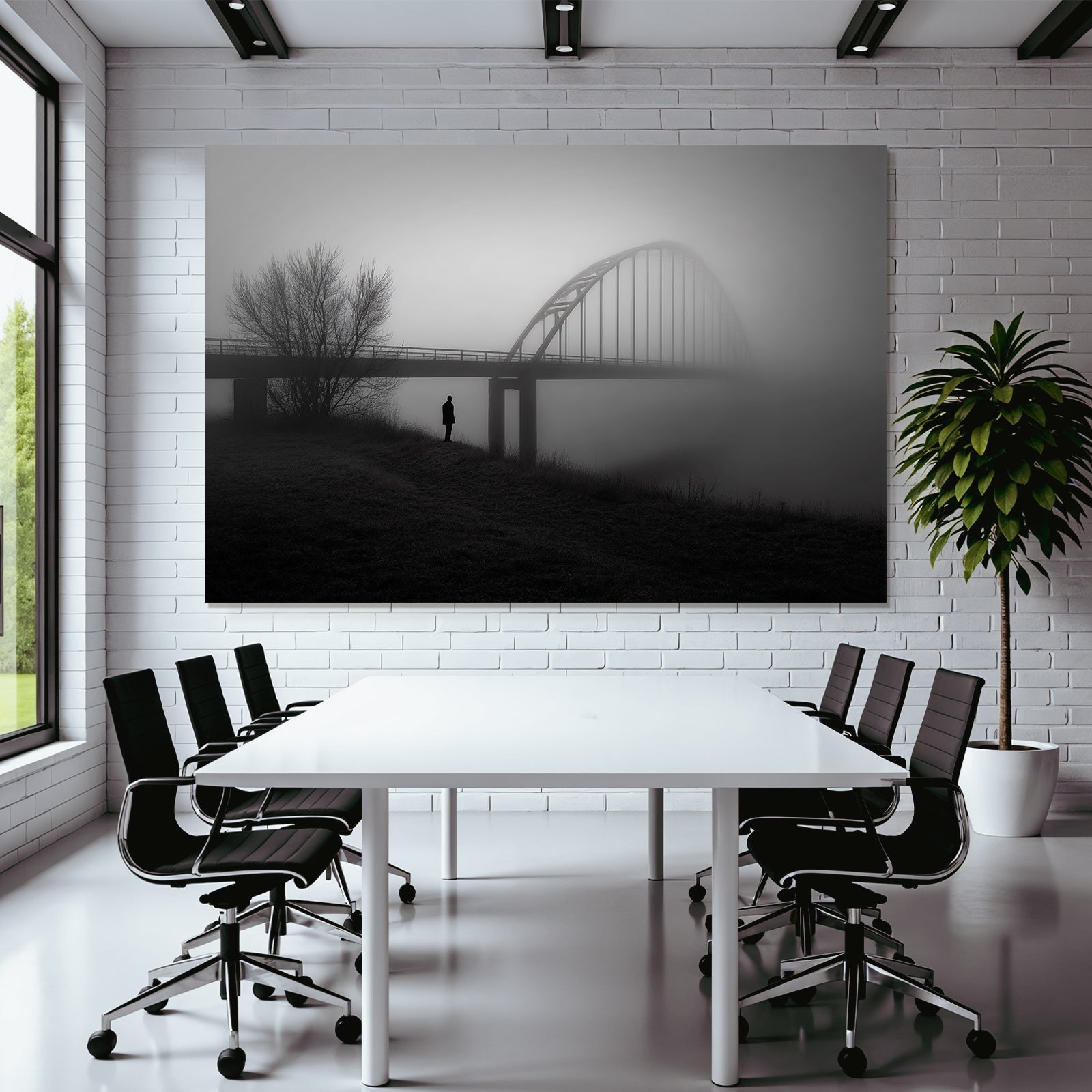 Figur An Brücke Umgeben Von Nebel