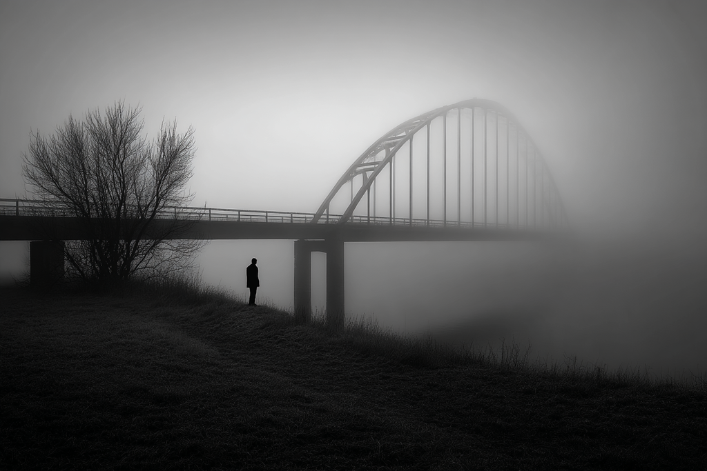 Figur An Brücke Umgeben Von Nebel | Fotografie | Kunstgattungen