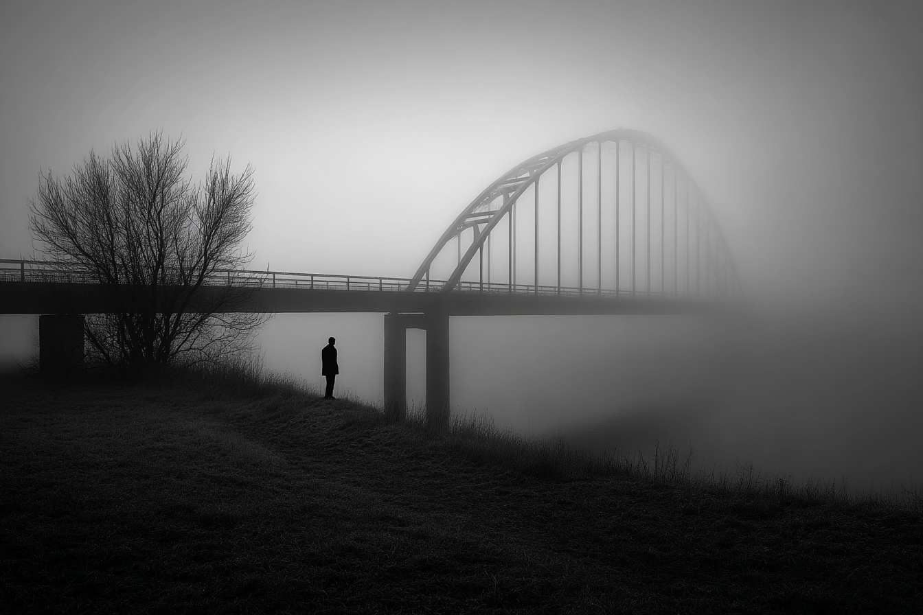 Figur An Brücke Umgeben Von Nebel | Fotografie | Kunstgattungen