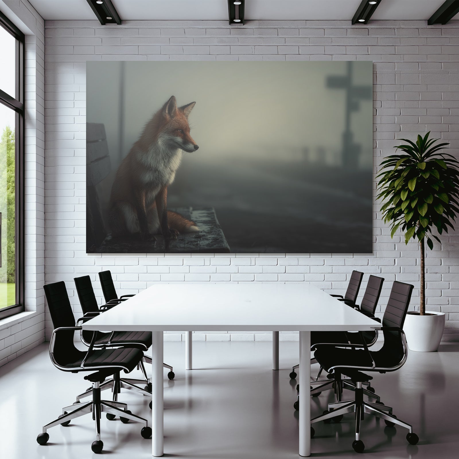 Fuchs Auf Bench Im Nebel
