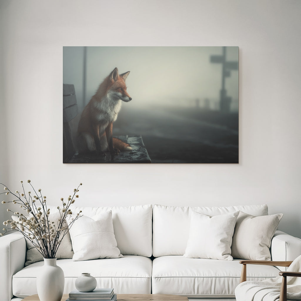 Fuchs Auf Bench Im Nebel