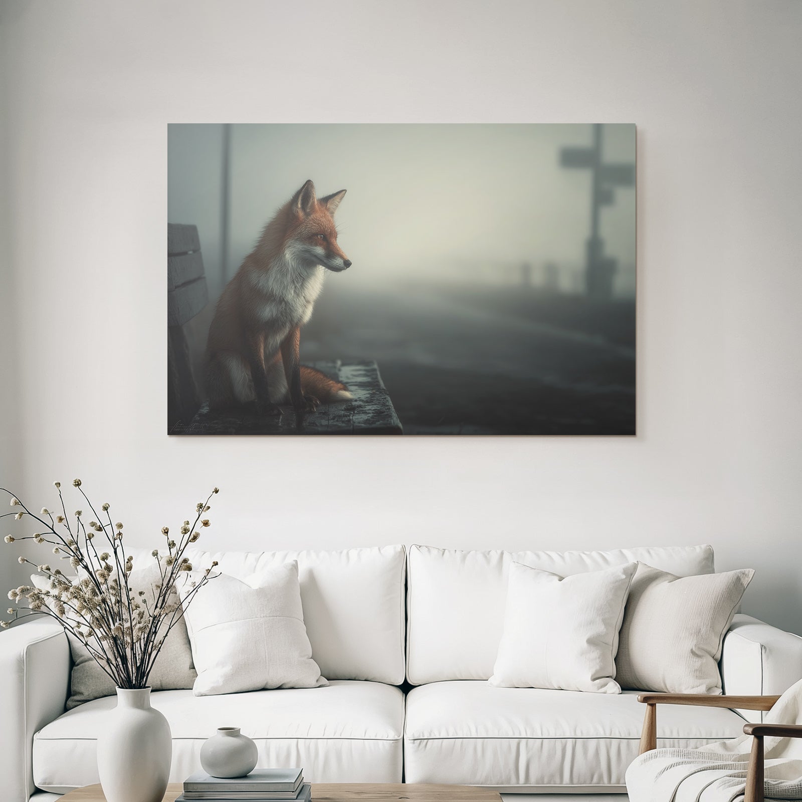 Fuchs Auf Bench Im Nebel