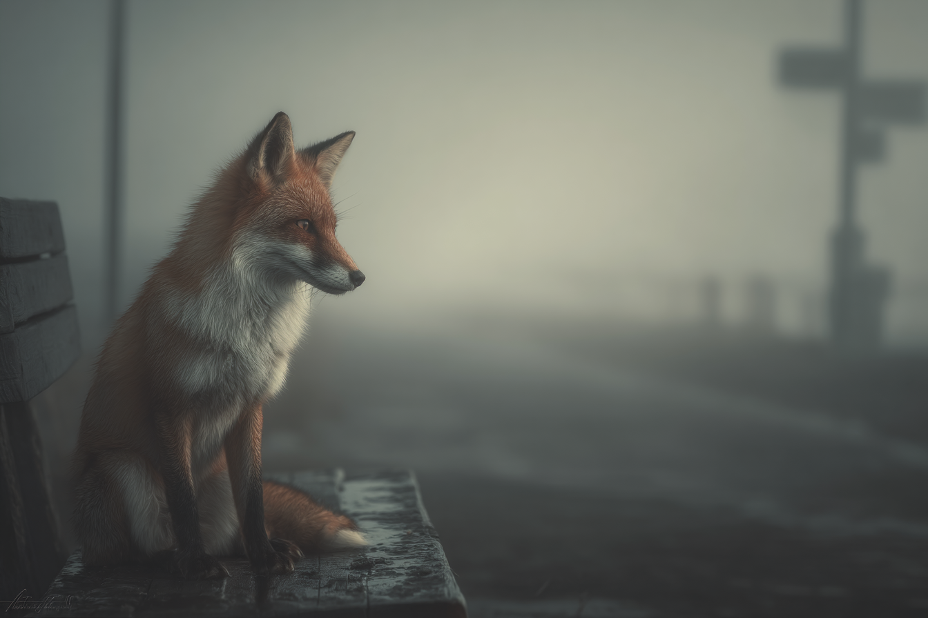 Fuchs Auf Bench Im Nebel | Fotografie | Kunstgattungen